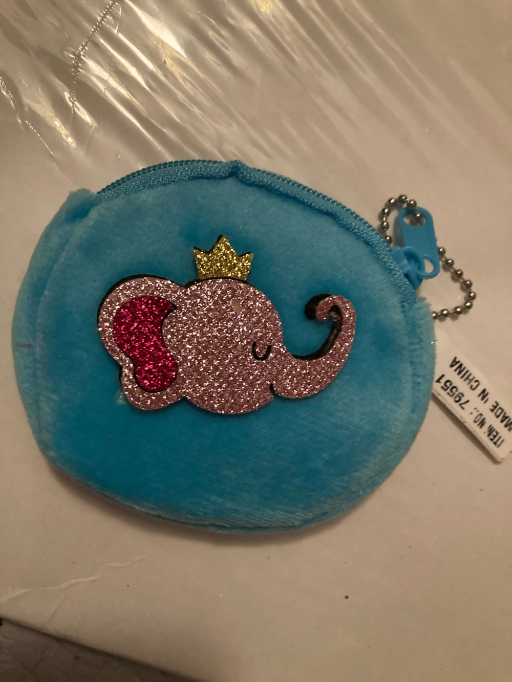 Source Unknown Plush Blue Elephant Coin Pouch with Glitter Crown